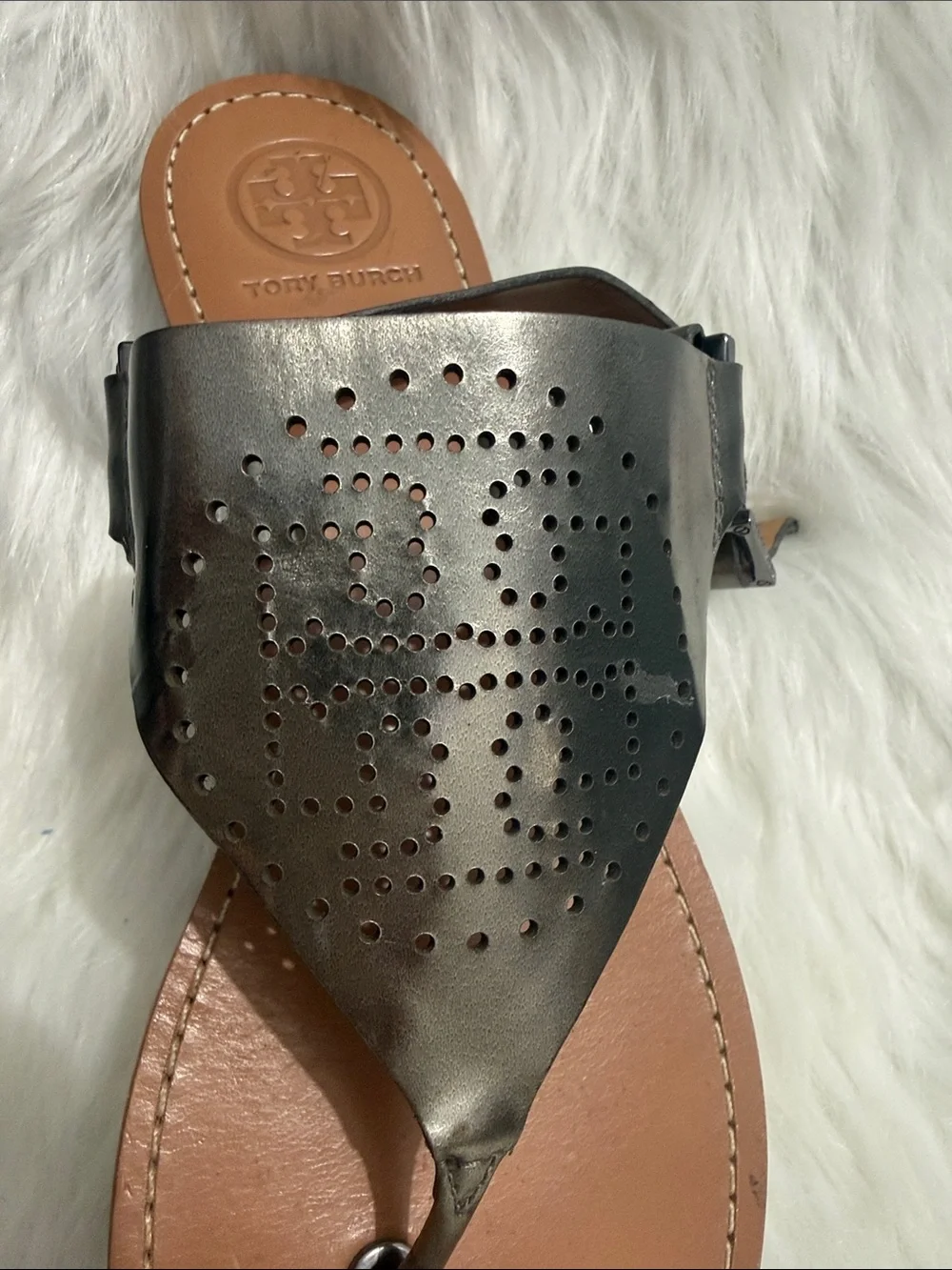 Tory Burch Metallic Pewter Logo Perforated Toe-Loop Sandals